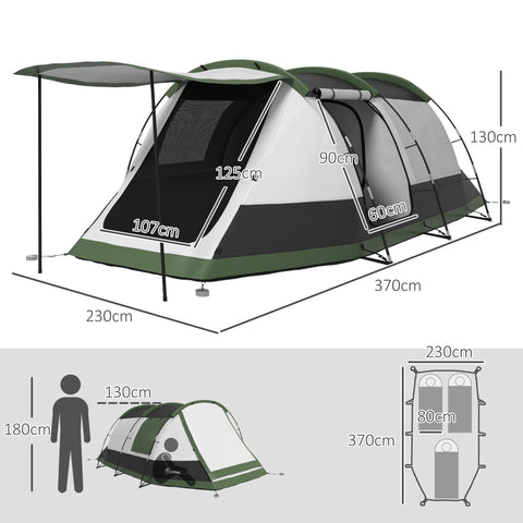 Rootz Family Camping Tent - Waterproof Tent - Tunnel Tent - Easy Setup - 370cm x 230cm x 130cm