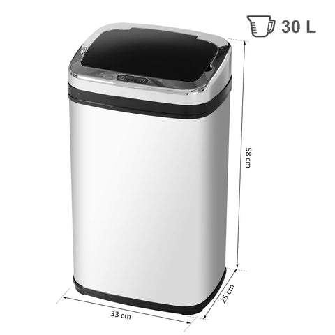 Rootz Stainless Steel Automatic Sensor Rubbish Bin - Touch-Free Trash Can - Hygienic Waste Bin - 30L Capacity - Polished Stainless Steel - 33cm x 25cm x 58cm