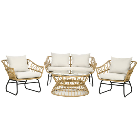 Rootz 4-Part Garden Furniture Set - Rattan Sofa Set - Patio Seating - Comfort Cushions - Sofa 127x72x72cm, Armchair 72x72x72cm, Table Ø80x45cm