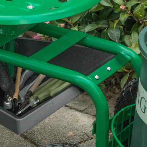 Rootz Garden Trolley With Rolling Seat - Shelf Basket - Small Garden Tools - Workshop Trolley - Mobile Garden - Height Adjustable - Metal - Rubber - Green - 98cm x 45cm x 87cm