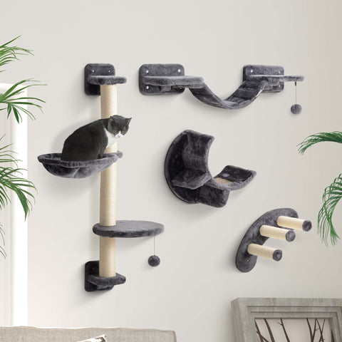 Rootz 4-Part Cat Climbing Wall Set - Cat Tree - Wall-Mounted Cat Furniture - Space-Saving Design - Double Jumping Platform 30x30x96 cm - Grey, Brown