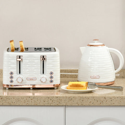 Rootz 2-in-1 Toaster and Kettle Set - Breakfast Appliance - Kitchen Essentials - 7 Browning Levels -White - Kettle: 24.1L x 19.5B x 23.2H cm - Toaster: 29.2L x 27.9H cm