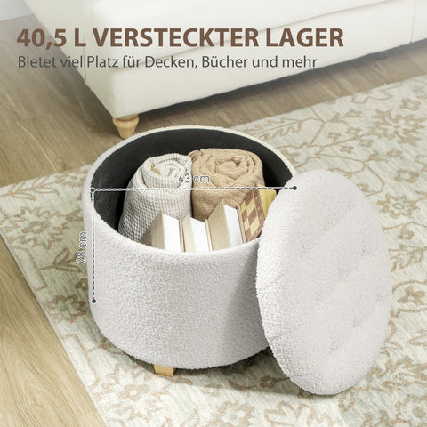 Rootz Sitting Stool with Storage Space - Ottoman - Storage Box - 40.5L Hidden Storage - Ø45 x 41H cm - White - Wooden Legs
