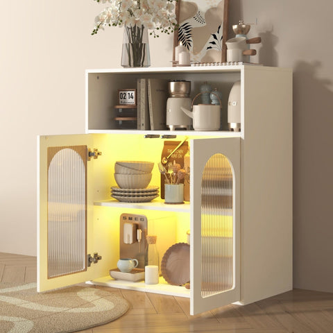 Rootz Sideboard with Glass Door - Storage Cabinet - Kitchen Cabinet - LED Lighting - 70cm x 35cm x 90cm
