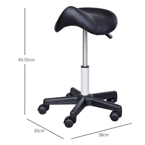 Rootz Rolling Stool - Saddle-Shaped Seat - Height Adjustable - Ergonomic Design - 360° Rotatable - Faux Leather - 35cm x 38cm x 43-55cm - Black