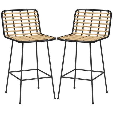 Rootz Lot de 2 Tabourets - Bar Stools - Bohemian Design - Comfort Seating - 43W x 51D x 88H cm - PE Rattan & Steel