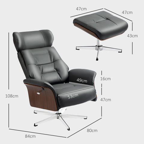 Rootz Relaxation Chair with Stool - Reclining Swivel Chair - Leather Look Armchair - 360° Rotation - 80W x 84D x 108H cm