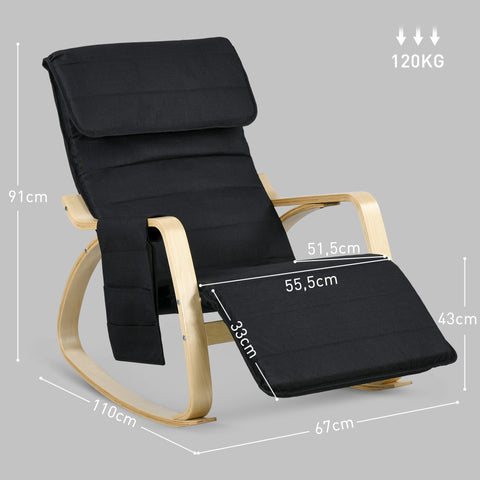 Rootz Rocking Chair - Relaxing Armchair - Adjustable Foot Stools - Comfort & Storage - 67cm x 110cm x 91cm Black