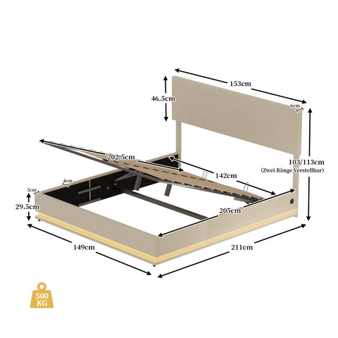 Rootz Double Bed Frame with Storage - Velvet Bed - Adjustable Headboard - USB Charging - 211cm x 153cm x 113cm