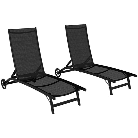 Rootz 2 Sun Loungers Set - Chaise Lounge - Recliner - Ergonomic Comfort - 195cm x 66cm x 34cm - Aluminum & Textilene, 150kg Capacity, Black