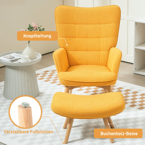 Rootz Accent Chair with Stool - Relaxation Chair - Armchair - Wood Legs - High Comfort - 72cm x 80cm x 101cm - Yellow Corduroy