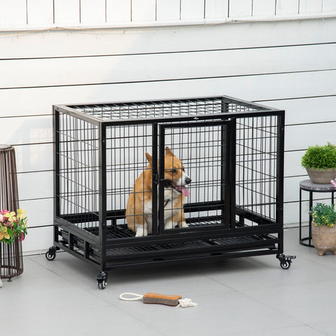 Rootz Dog Cage - Animal Transport Cage - Pet Playpen - Removable Tray - 92cm x 62cm x 75cm - Easy Mobility