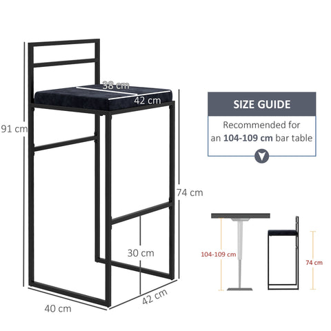Rootz Set of 2 Velvet Bar Stools - High Chairs - Kitchen Stools - Comfortable Footrest - 42W x 40D x 91H cm - Black