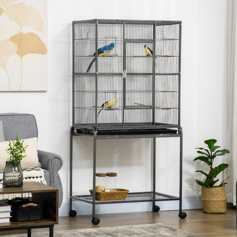 Rootz Bird Cage Portable Aviary - Mobile Bird Enclosure - Rolling Stand - Spacious Design - 77 x 47 x 163 cm Black and Grey