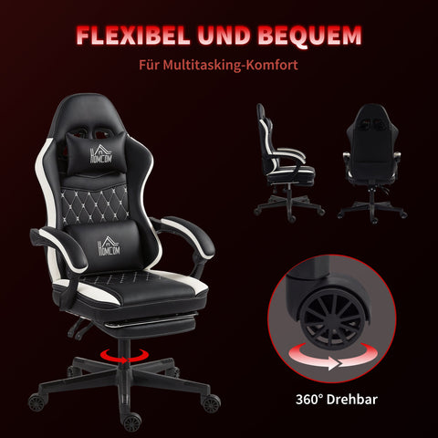Rootz Gaming Chair with Footrest - Computer Chair - Ergonomic Seat - Stress-Reducing - 62cm x 107cm x 99cm - Black/White