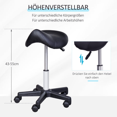 Rootz Rolling Stool - Saddle-Shaped Seat - Height Adjustable - Ergonomic Design - 360° Rotatable - Faux Leather - 35cm x 38cm x 43-55cm - Black