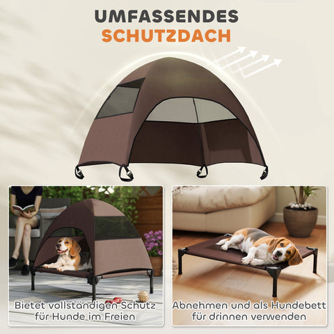 Rootz Outdoor Elevated Dog Bed - Canopy Lounger - Elevated Pet Cot - Sun Protection - 76cm x 61cm x 71cm - Brown