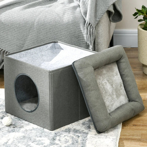 Rootz Cat Cave - Cat Bed - Cat House - 2-in-1 Cat Cave - MDF - Imitation Linen - Green - 36.5 x 36.5 x 33 cm