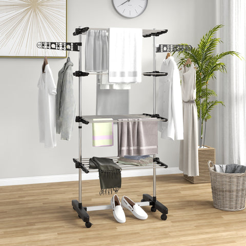 Rootz Laundry Tumble Dryer - Foldable Clothes Airer - Drying Rack - One-Click System - 142cm x 55cm x 172cm - Black & Silver