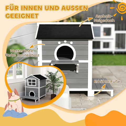 Rootz Outdoor Cat House - Weatherproof Shelter - Kitty Condo - 2 Levels - Removable Floor - 66cm x 66cm x 90cm - Grey White