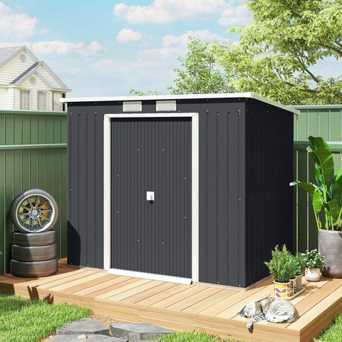 Rootz Tool Shed - Garden Storage House - Outdoor Organizer - Ventilated, Weatherproof - Galvanized Steel, Sliding Doors, 213x130x172cm, Grey and White