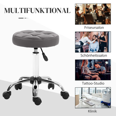 Rootz Swivel Salon Stool - Rolling Seat - Adjustable Height - Faux Leather - Comfortable Padding - 35.5cm x 63cm - Gray