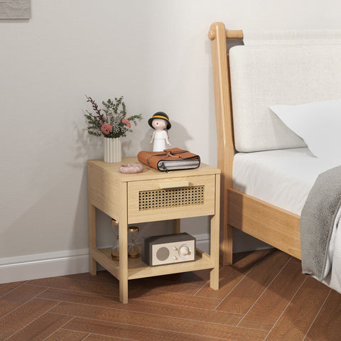 Rootz Bedside Night Cabinet - Side Table with Drawer - MDF - Rattan Design - 40 x 40 x 48.4 cm