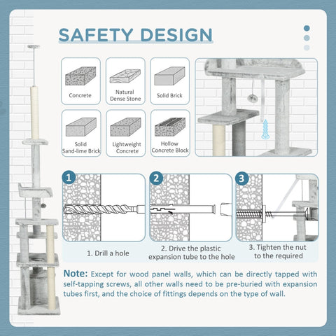 Rootz Ceiling-High Cat Scratching Post - Cat Activity Center - Cat Retreat - Height Adjustable - Multiple Platforms - Sturdy Construction - 60W x 40D x 225-255H cm