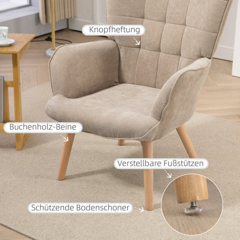 Rootz Accent Chair and Ottoman Set - Wing Chair - Armchair - Comfortable Seating - Versatile Use - Stylish Design - 72cm x 80cm x 101cm - Beech Wood and Cord Look