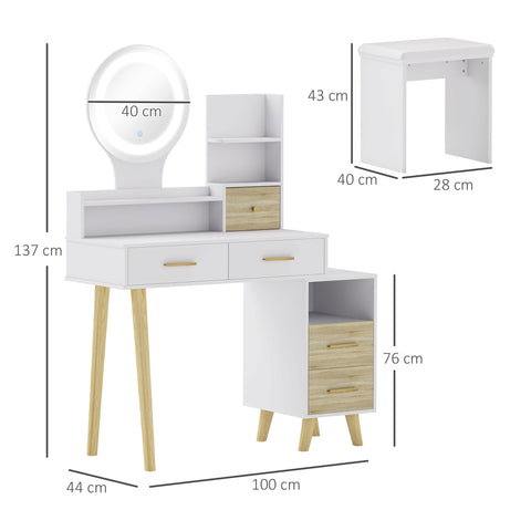 Rootz Dressing Table Set with Mirror - Vanity Table - Hairdressing Table - LED Lighting - 100cm x 44cm x 137cm