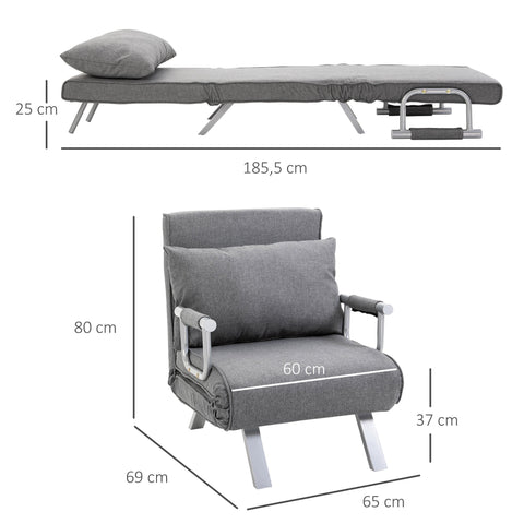 Rootz Reversible Armchair - Lying Chair - Guest Bed - Powder Coated Metal Frame - 65cm x 69cm x 80cm - Grey