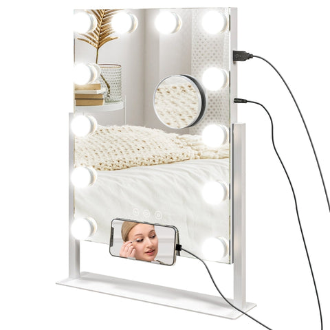Rootz LED Makeup Mirror - Hollywood Vanity Mirror - Dressing Table Mirror - 12 LED Lamps - Adjustable Brightness - Cell Phone Holder - USB Port - 36.5cm x 45.5cm x 8.5cm