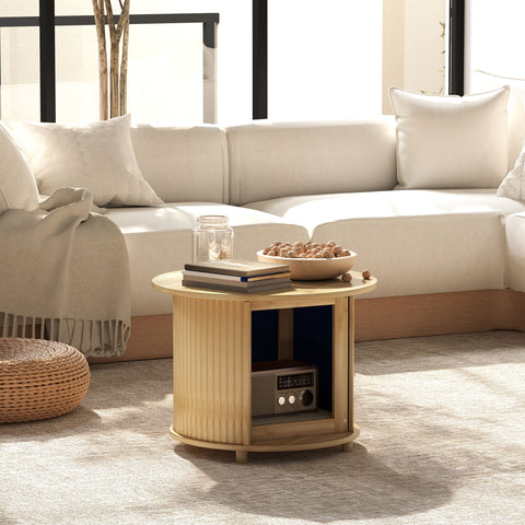 Rootz Round Side Table - Coffee Round Table - Bamboo Sofa Table - Hidden Storage, Sliding Door - Ø60 x 45cm, Holds 20 kg