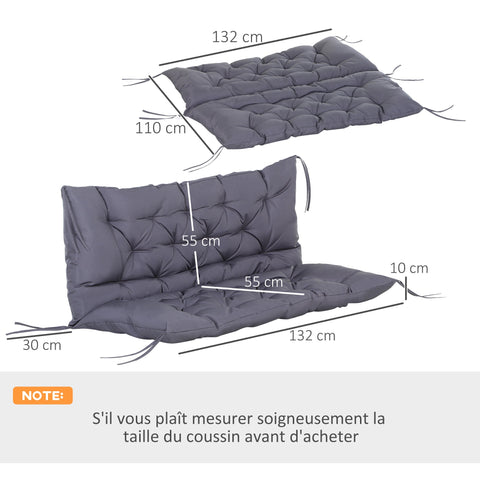Rootz Seat Cushion Back Cushion for Garden Bench - Swing Sofa Pad - Outdoor Sofa Cushion - Great Comfort - 132cm x 110cm x 10cm - Grey