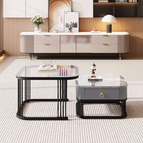 Rootz Modular Coffee Table Set - High-Gloss Marble - Glass Top - Luxurious Design - 60x60x42cm & 50x50x34cm - Practical Drawers