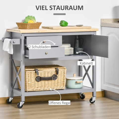 Rootz Keukentrolley met Laden en Kast - Keukenwagen - Rollend Eiland - Voldoende opbergruimte - Tijdloos ontwerp - Mobiliteit en stabiliteit - 108 cm x 45 cm x 89 cm - Grijs+Natuurlijk
