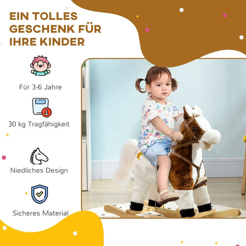 Rootz Rocking Horse - Saddle with Stirrups - Plush Ride-On Toy - Sound Effects - Music - Metal Frame - 68cm x 26cm x 62cm - Up to 30 kg - Brown