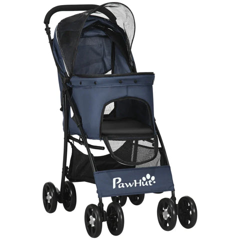 Rootz Folding Dog Stroller - Pet Stroller - 1 Basket - 1 Cushion - 1 Side Pocket - Universal Wheels - Navy Blue - 81cm x 48cm x 99cm