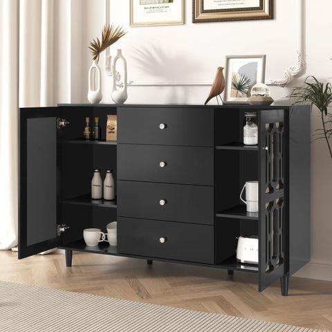 Rootz Black Mirrored Sideboard - Buffet Cabinet - Storage Unit - Crystal Handles - 147.5cm x 40cm x 102cm