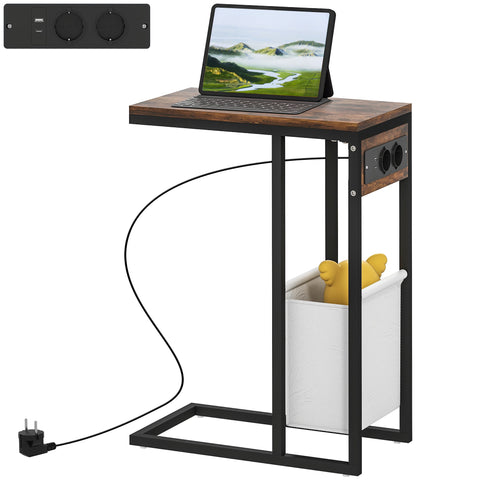 Rootz Side Table with Sockets - USB Connections - Industrial Bedside Stand - C-Shaped Design - 46cm x 25cm x 62.5cm