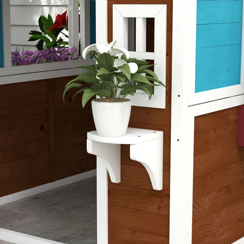 Rootz Children's Playhouse - Wooden Playhouse - Weatherproof - Flower Boxes - Fir Wood - Brown+Blue+White+Red - 114L x 126.4W x 135H cm