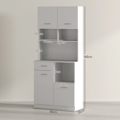 Rootz Kitchen Cabinet - Buffet with Drawer - White Storage Cabinet - Soft-Close Doors - 80 x 35 x 180 cm - Elegant Silver Handles