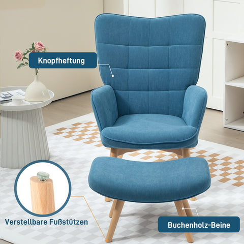 Rootz Accent Chair with Stool - Relaxation Chair - Armchair Set - Comfort with Wooden Legs - 72cm x 80cm x 101cm - Blue