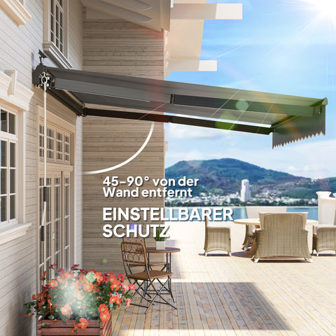 Rootz Klemmmarkise with Hand Crank - Joint Arm Awning - Sun Shades - UV 50+ Protection - 395cm x 300cm - Solar LED Lights