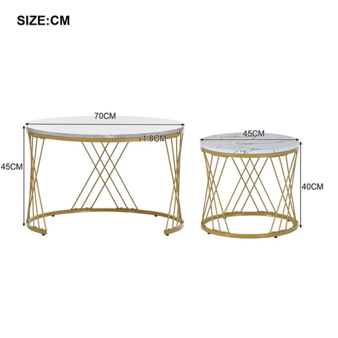 Rootz Set of 2 Modern Coffee Tables - High-Gloss Marble - Nesting Tables - 30kg Load Capacity - 70cm x 70cm x 45cm