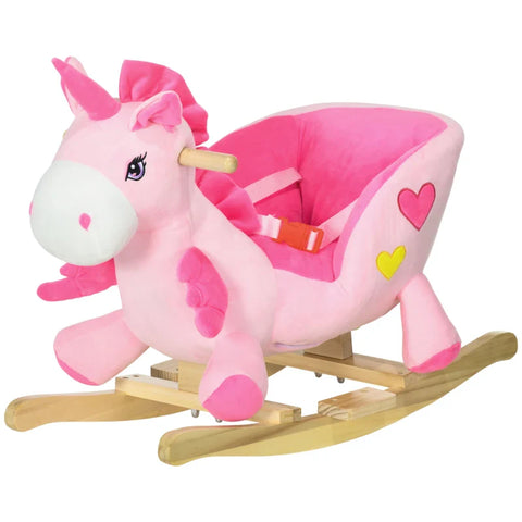 Rootz Rocking Horse In Unicorn Design - With Lap Belt - Music Function - Plush Cover - Metal Frame - Pink - 65cm x 35cm x 45cm
