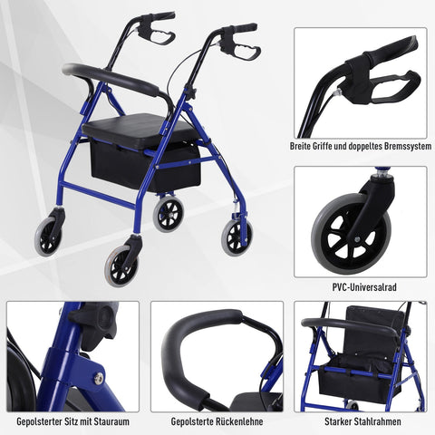 Rootz Rollator Walker - Foldable Walker - Mobility Aid - Lightweight & Adjustable - 75 x 56 x 83-93cm