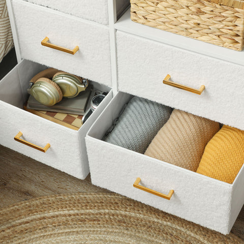 Rootz Chest of Drawers 8 Drawer Storage Cabinet - Dresser - Sideboard - Built-in Power Strip - White - 110x30x76cm - Soft Boucle Fabric, Stylish, Spacious