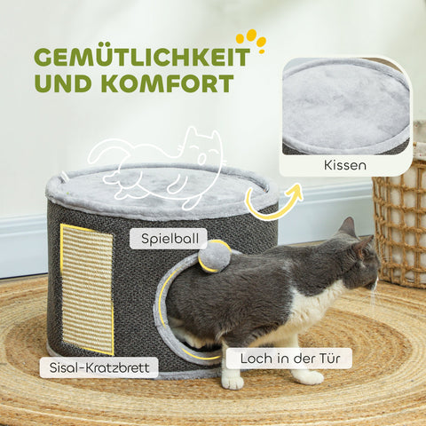 Rootz Cat Cave - 2 Tier Cat House - Plush Cushion - Sisal Scratching - Soft & Cozy Retreat - Ø40 x 30H cm - Grey
