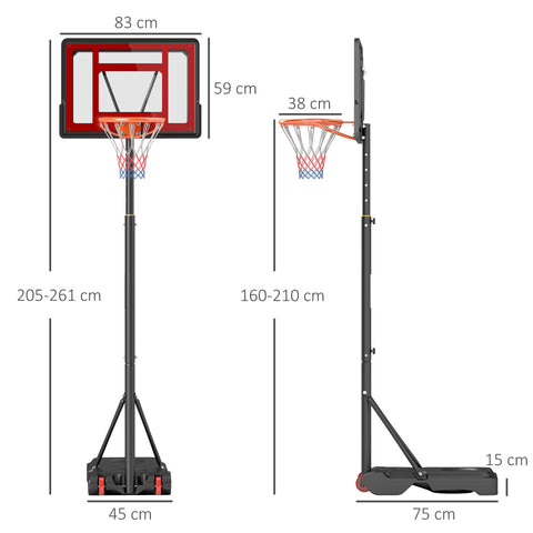 Rootz Adjustable Basketball Stand - Rollable Hoop - Freestanding Set - Height Adjustable - 75L x 45W x 205-261H cm